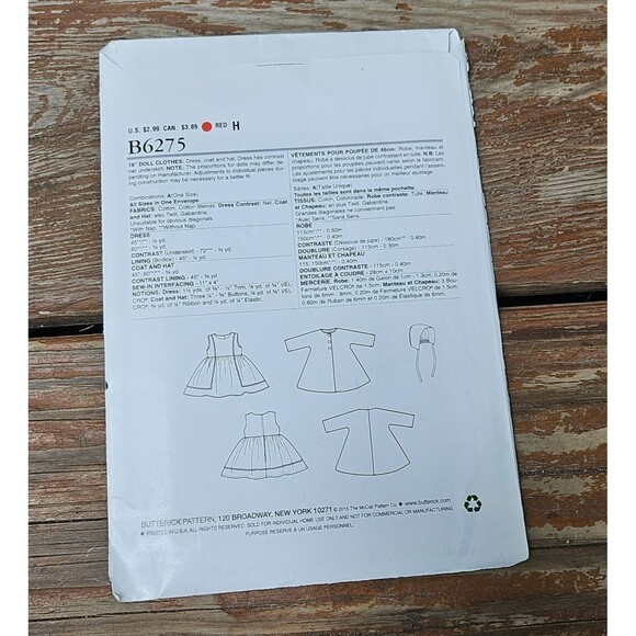 Butterick See & Sew B6275 Gathered Dress Coat Bonnet 18" Doll American Girl NEW - Picture 2 of 3